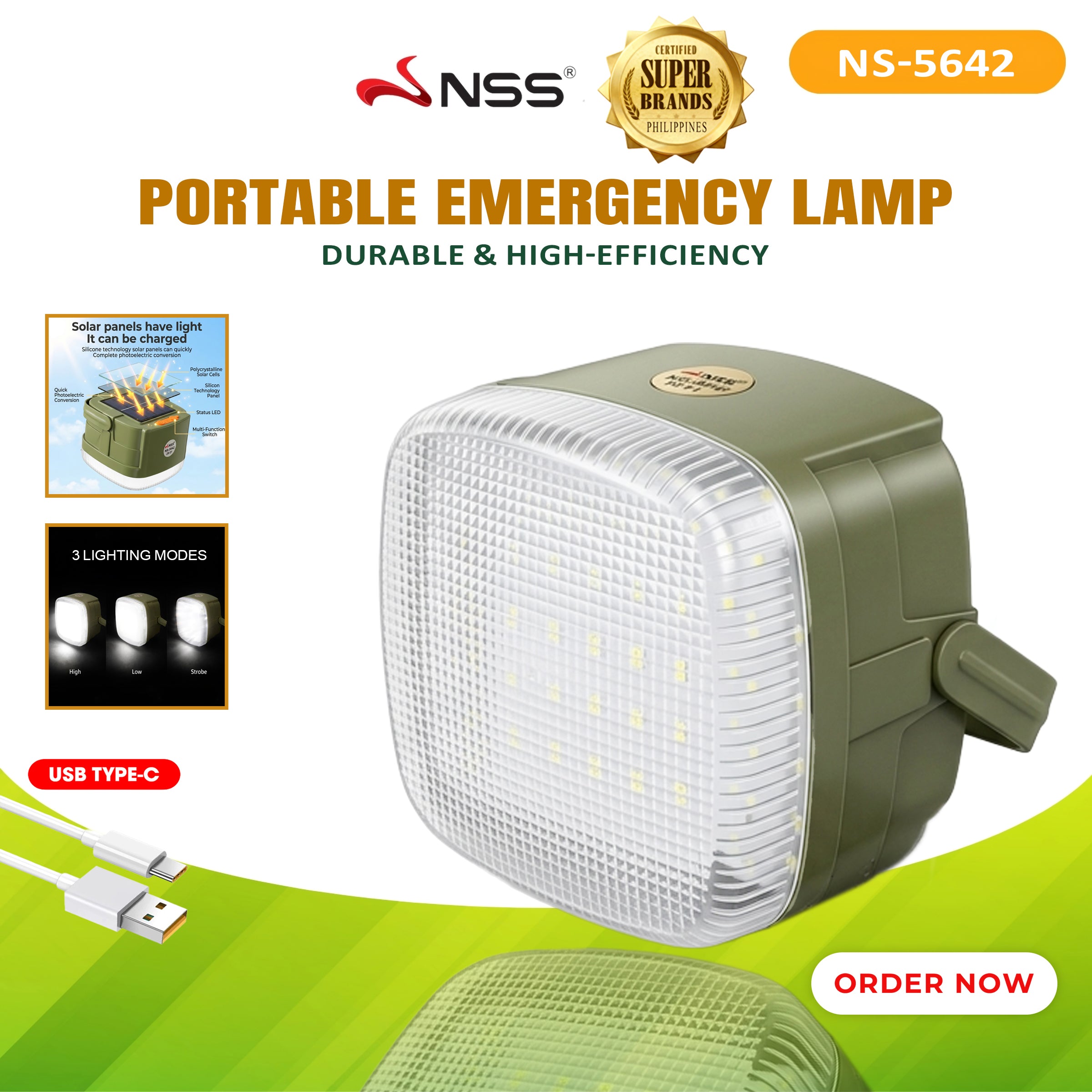 Portable Emergency Lamp Solar Rechargeable USB-C | 3 Lighting Modes | High Bright LED Camping Light | Brownout Ready Backup Light Philippines