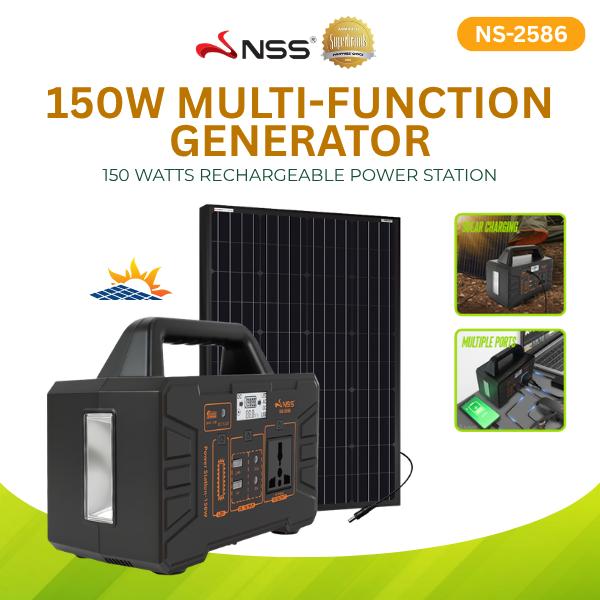 NSS [NEW LAUNCH] 150W Portable Power Station with Solar Panel Kit - Rechargeable Solar Generator, Multi-Function Output Ports, Emergency Battery Backup for Camping, Outdoor, & Home Blackout - NS-2586