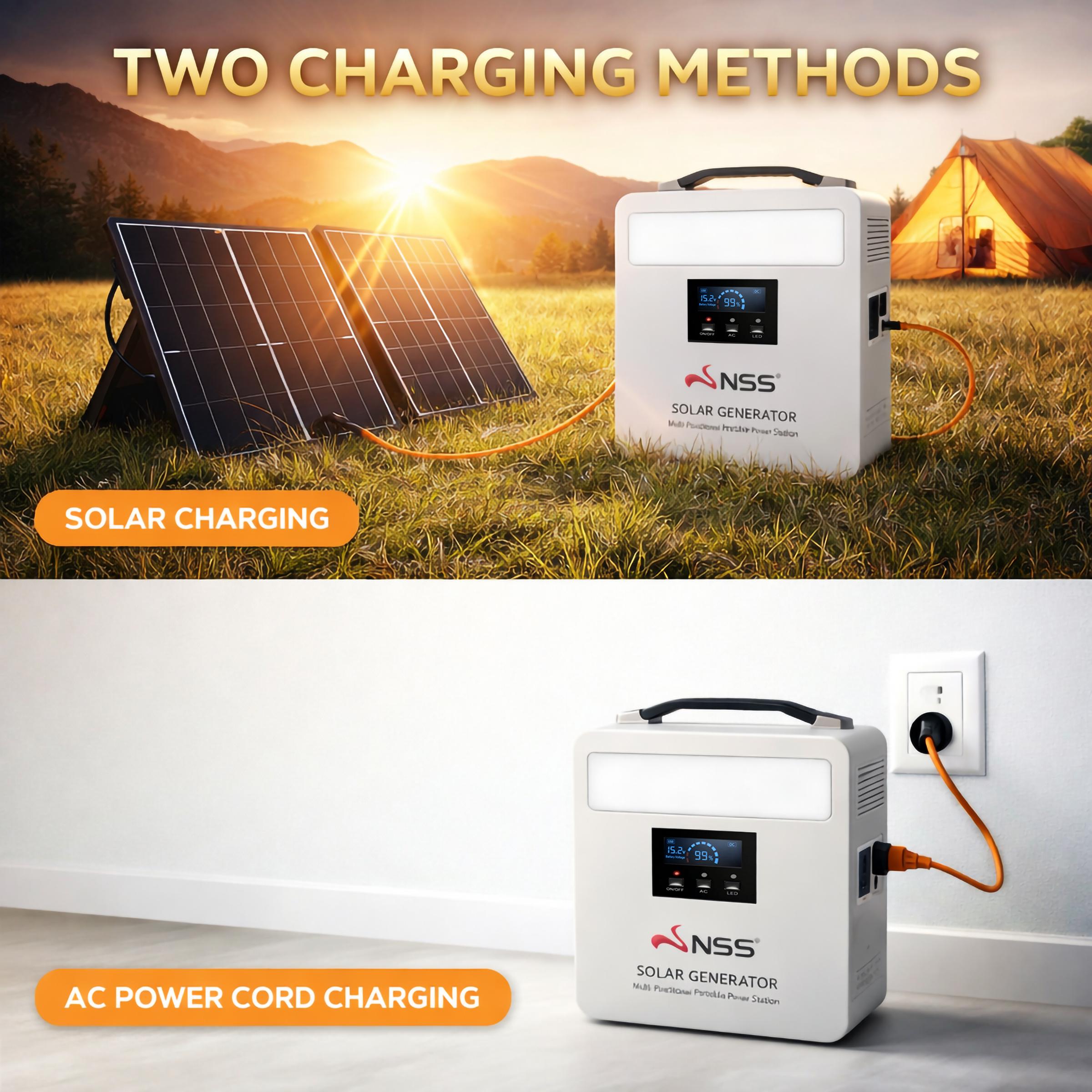 NSS NEW Solar Generator 300W/500W Portable Power Station 15500mAh Lithium Battery Emergency Power Supply with 2 External Bulbs for Camping Home Outage 13 Output Ports 5V 2A USB