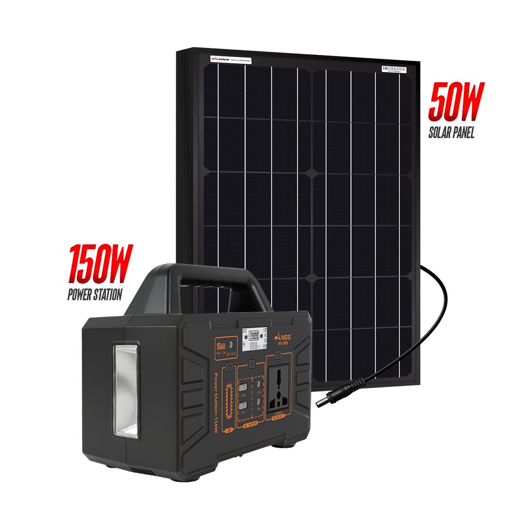 NSS [NEW LAUNCH] 150W Portable Power Station with Solar Panel Kit - Rechargeable Solar Generator, Multi-Function Output Ports, Emergency Battery Backup for Camping, Outdoor, & Home Blackout - NS-2586