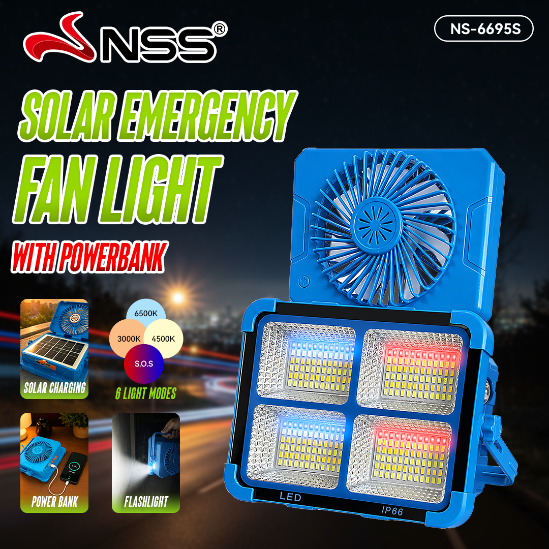 NSS Solar Rechargeable Emergency Fan Light with Powerbank – IP66 Waterproof LED Light