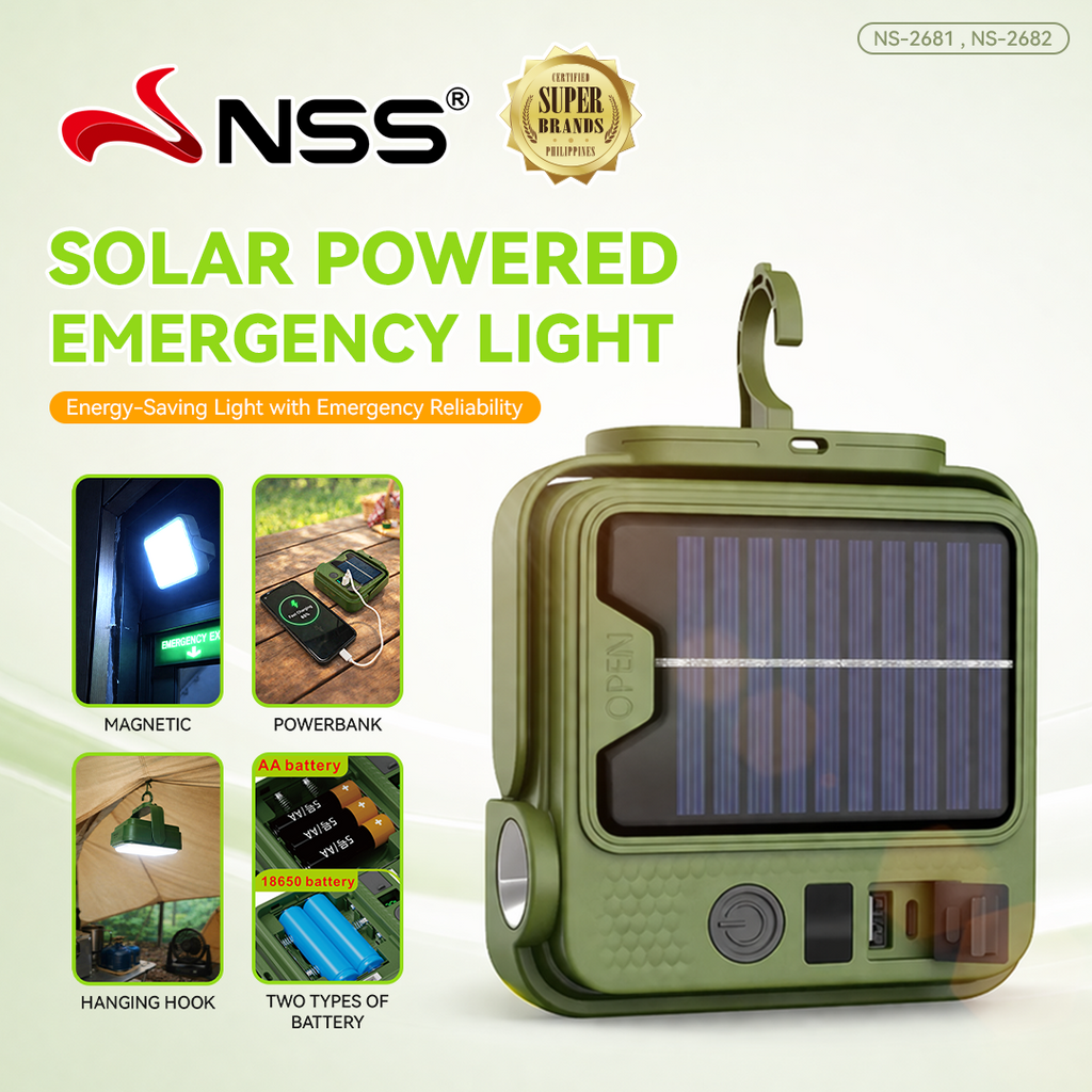 NSS Solar Powered Emergency Light with Power Bank – Portable Camping Lamp with Magnetic Base & Hanging Hook