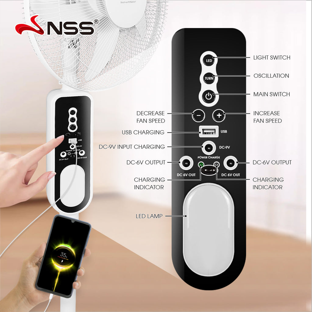 NSS Portable Solar Desk Fan with Power Bank & LED Light – Rechargeable Emergency Fan