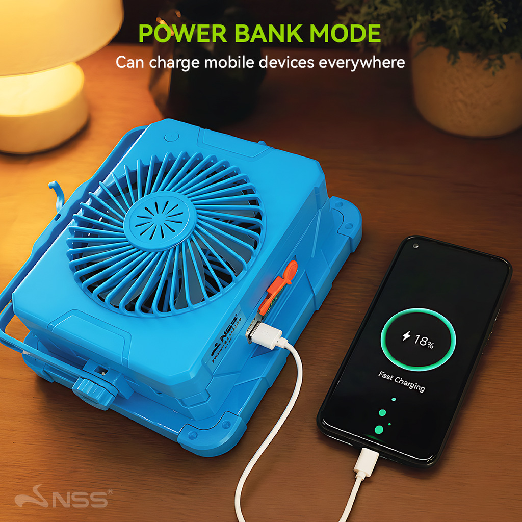 NSS Solar Rechargeable Emergency Fan Light with Powerbank – IP66 Waterproof LED Light