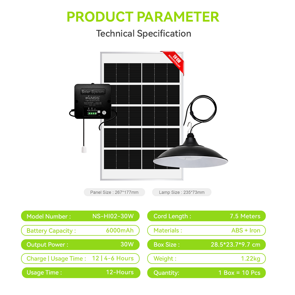 NSS 30W Solar High Bay Light – IP65 Waterproof LED Hanging Lamp with Solar Panel