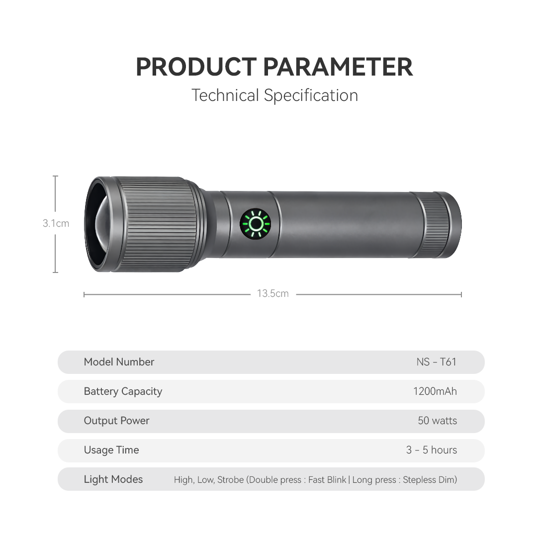 NSS Rechargeable Zoomable LED Flashlight – 1200LM Tactical Torch with 3 Modes