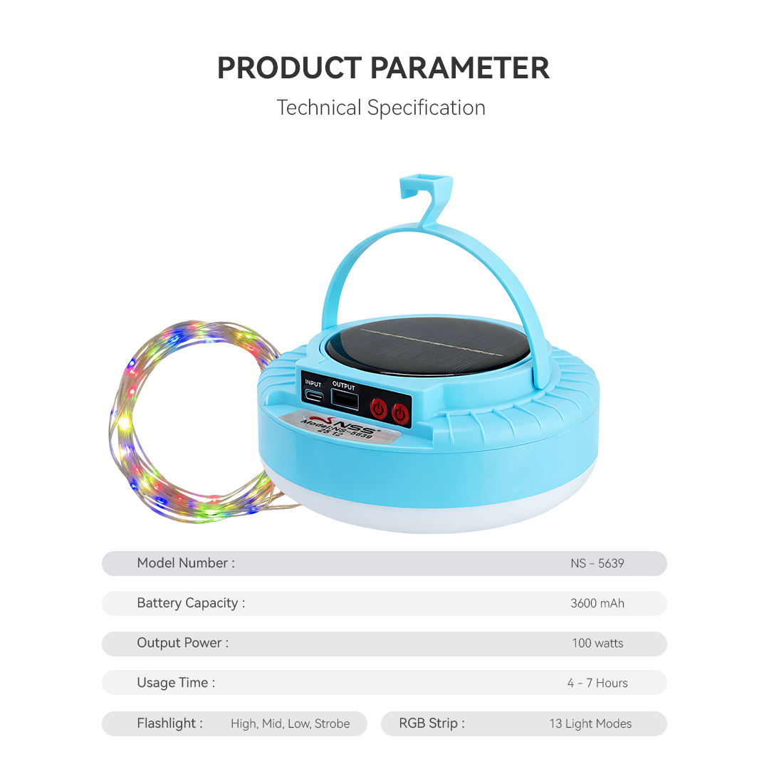 NSS Solar RGB LED Strip Lamp – Portable Hanging Light with Power Bank & USB Charging