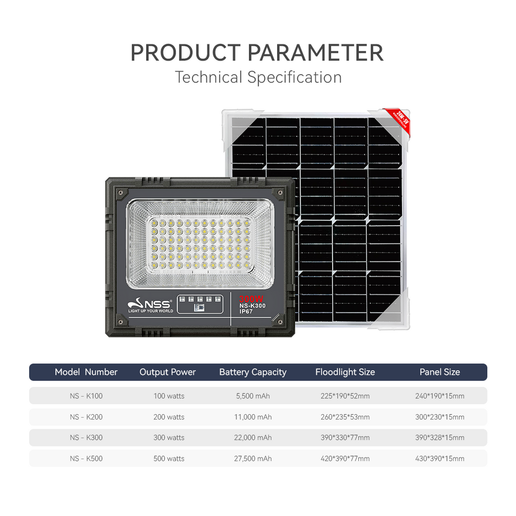 NSS K Series Solar Powered LED Flood Light 100W 200W 300W 500W Waterproof
