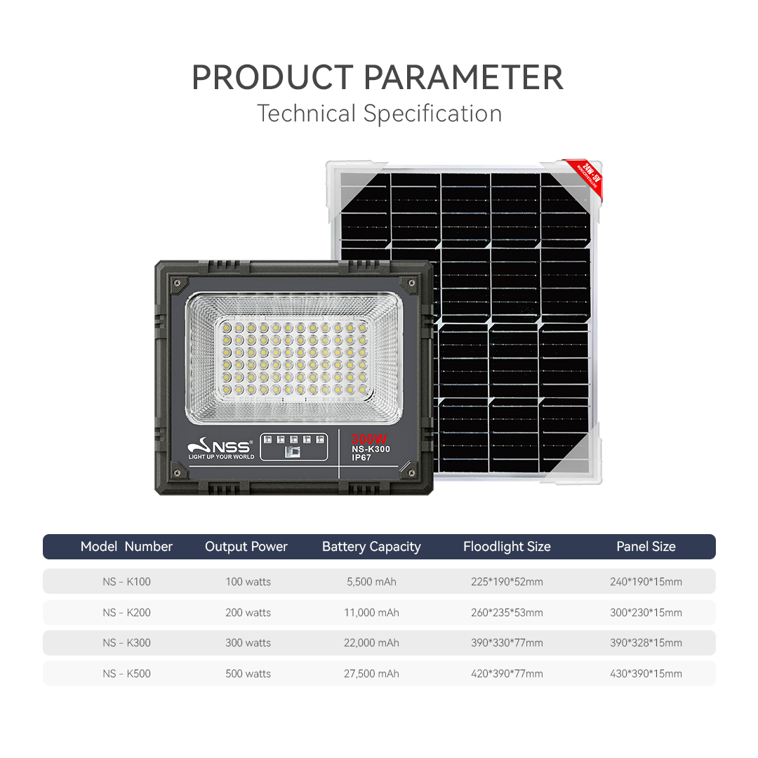 NSS K Series Solar Powered LED Flood Light 100W 200W 300W 500W Waterproof