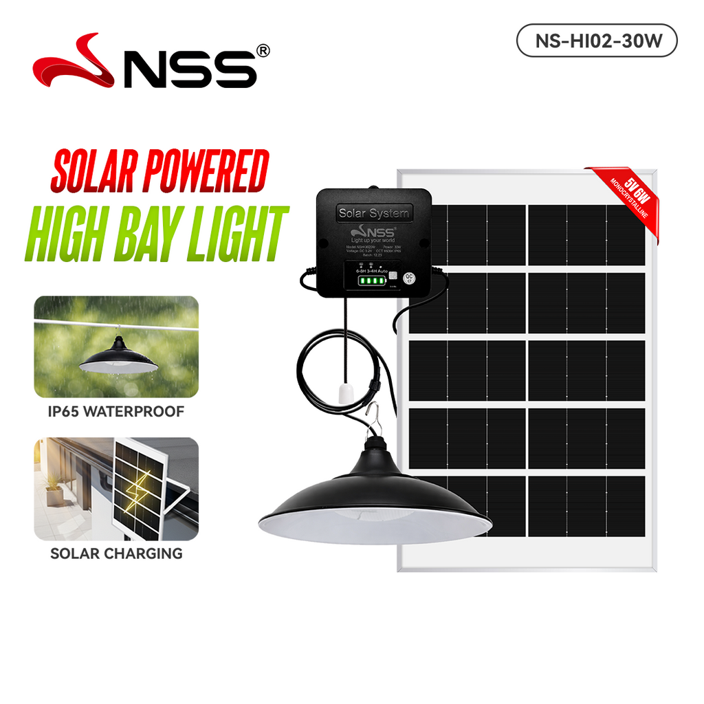 NSS 30W Solar High Bay Light – IP65 Waterproof LED Hanging Lamp with Solar Panel