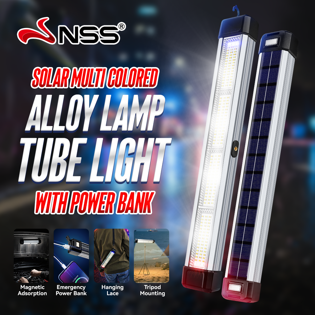 NSS Solar LED Tube Light with Power Bank – Multi-Color Alloy Emergency Lamp for Camping & Outdoor Use