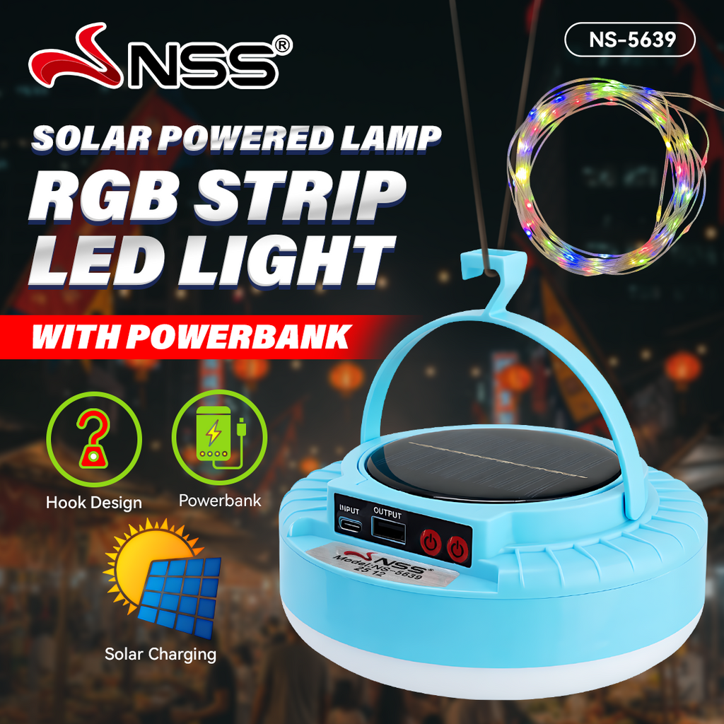 NSS Solar RGB LED Strip Lamp – Portable Hanging Light with Power Bank & USB Charging