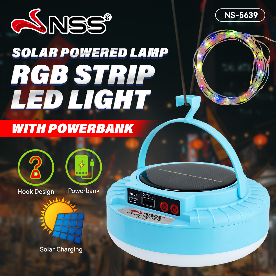 NSS Solar RGB LED Strip Lamp – Portable Hanging Light with Power Bank & USB Charging