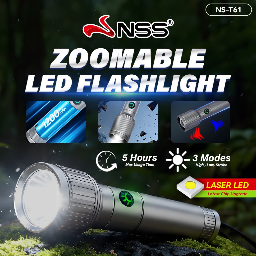 NSS Rechargeable Zoomable LED Flashlight – 1200LM Tactical Torch with 3 Modes