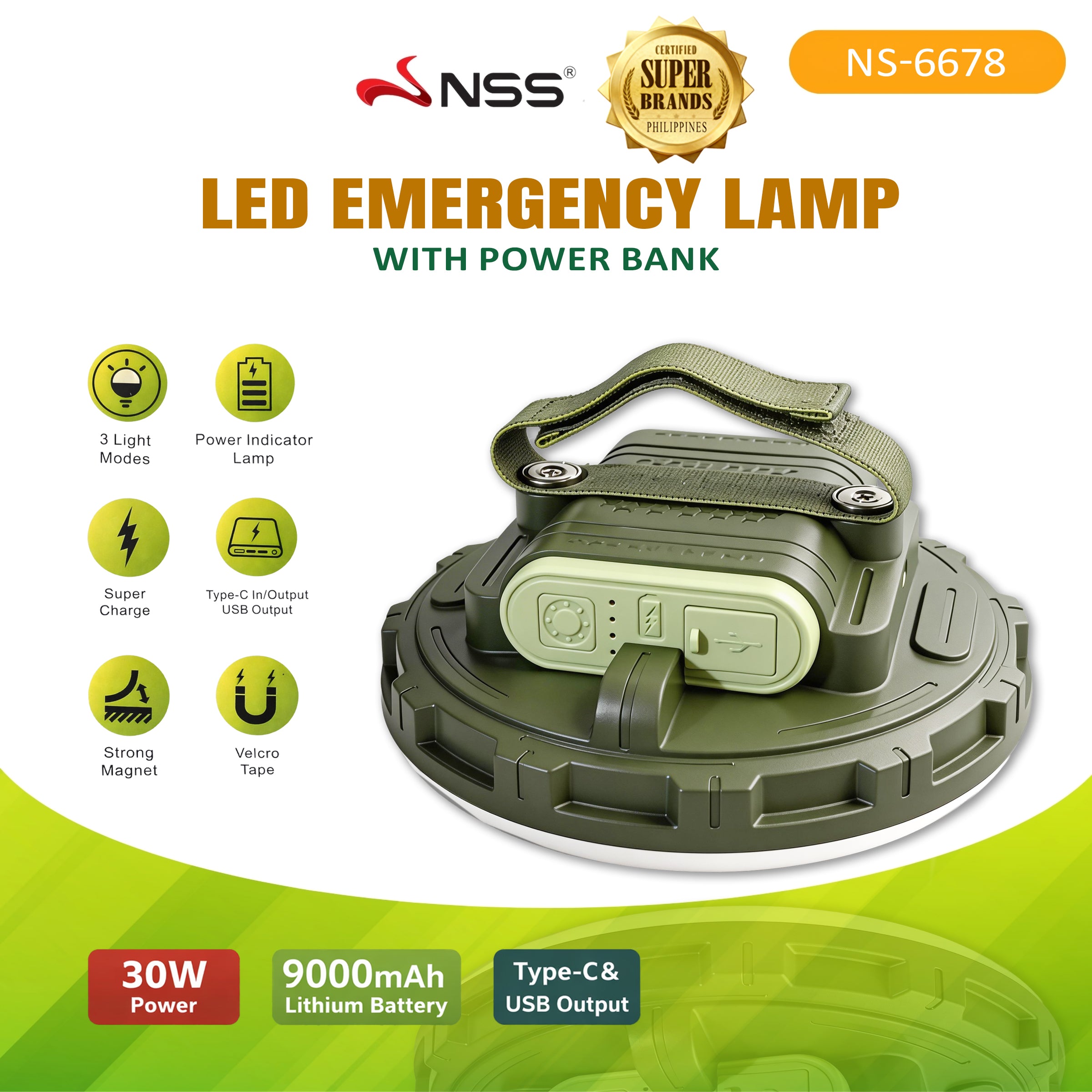 NSS LED Emergency Lamp with Power Bank 9000mAh | Rechargeable Camping Light | USB Type-C Output | Magnetic & Portable Work Light