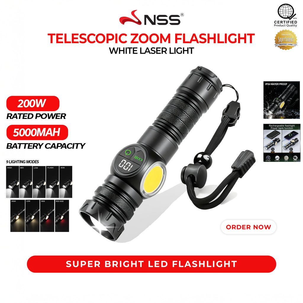 NSS Telescopic Zoom LED Flashlight  High Power  Outdoor Flashlight