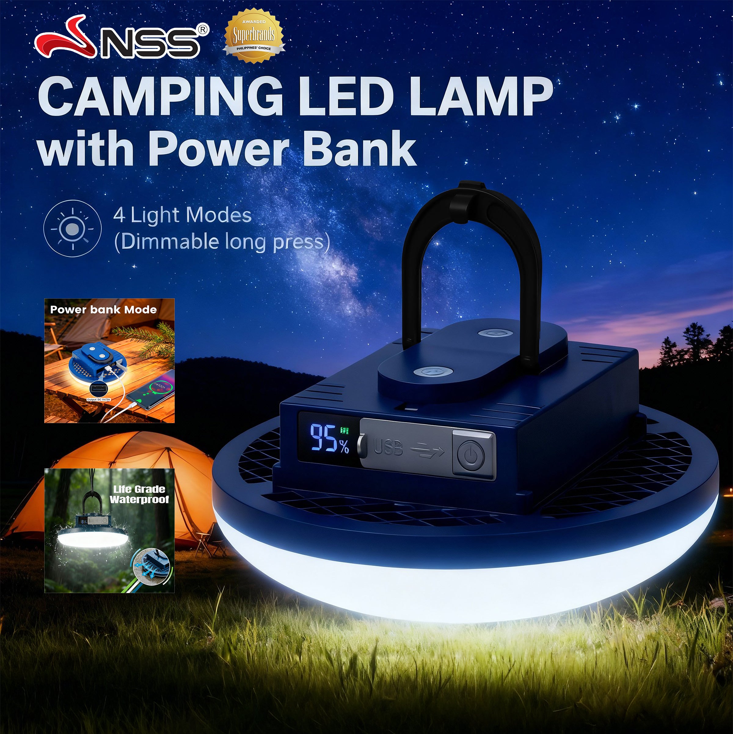 NSS Rechargeable Camping LED Lamp with Power Bank – 9000mAh Waterproof Lantern