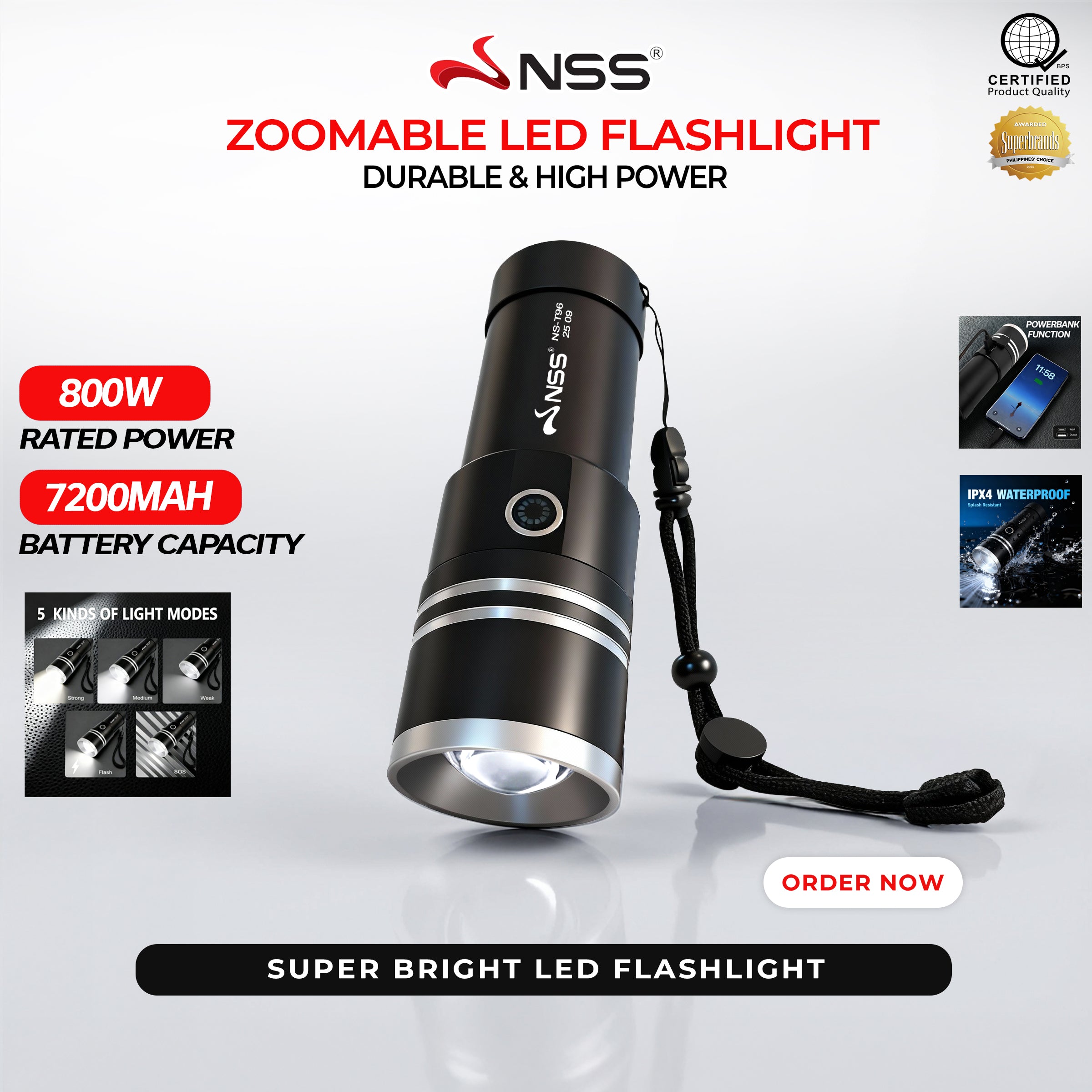 NSS 800W Zoomable LED Flashlight Rechargeable High Power Portable Flashlight