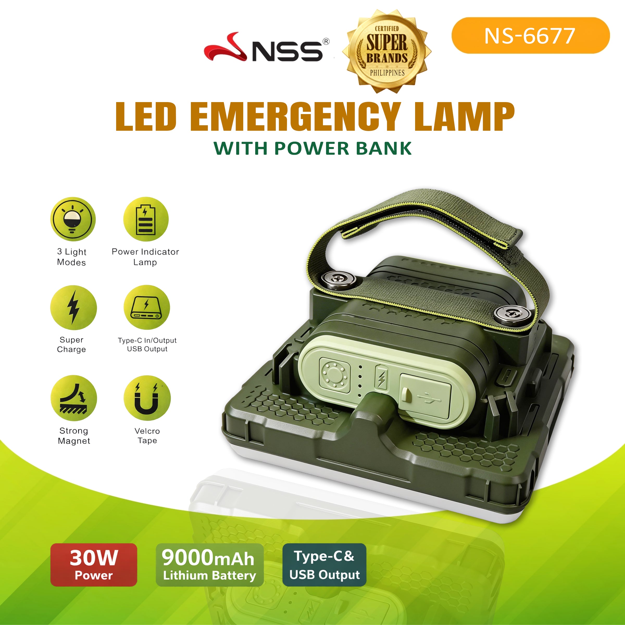NSS LED Emergency Lamp with Power Bank 9000mAh | Rechargeable Camping Light | USB Type-C Output | Magnetic & Portable Work Light