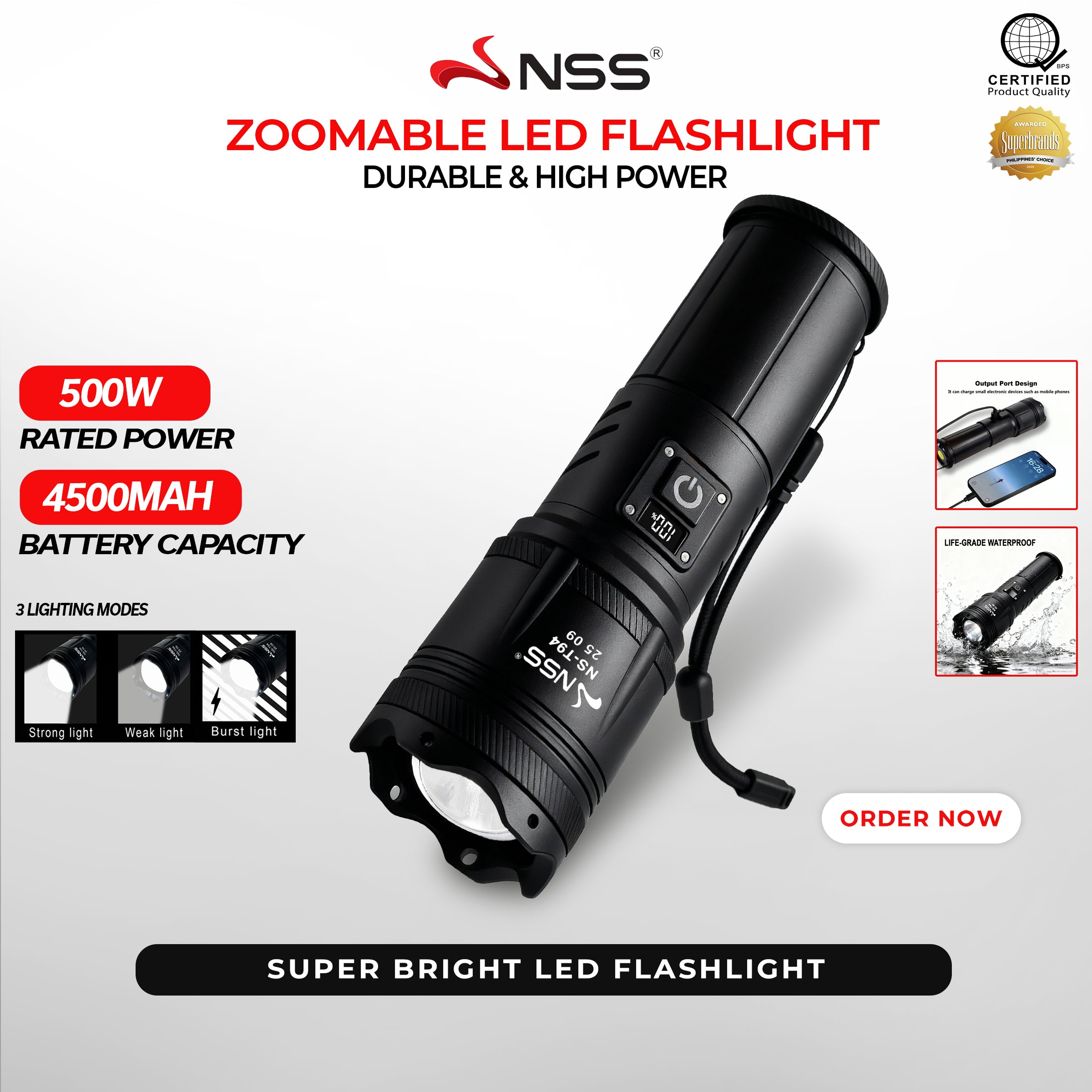 NSS 500W Zoomable Super Bright LED Flashlight