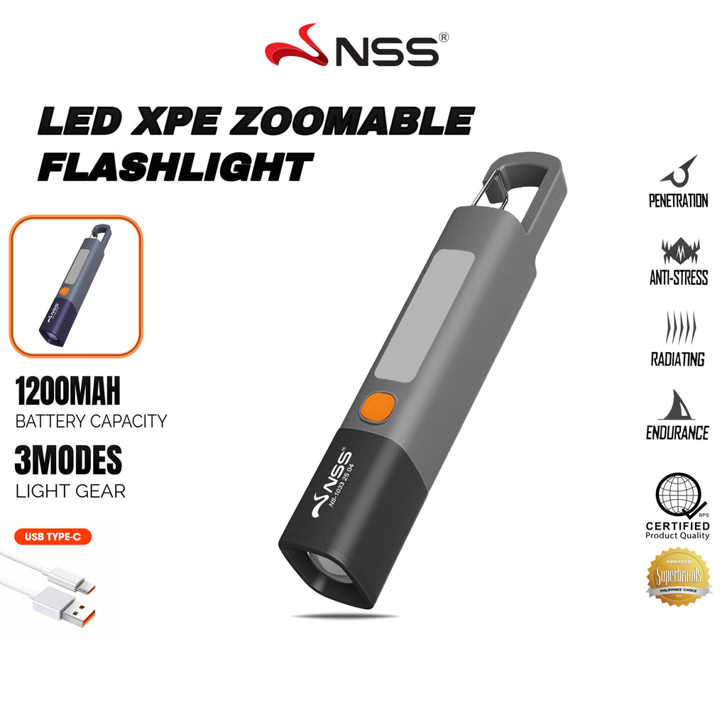 NSS LED XPE Zoomable Flashlight – Rechargeable USB-C Torch with 3 Light Modes & 1200mAh Battery