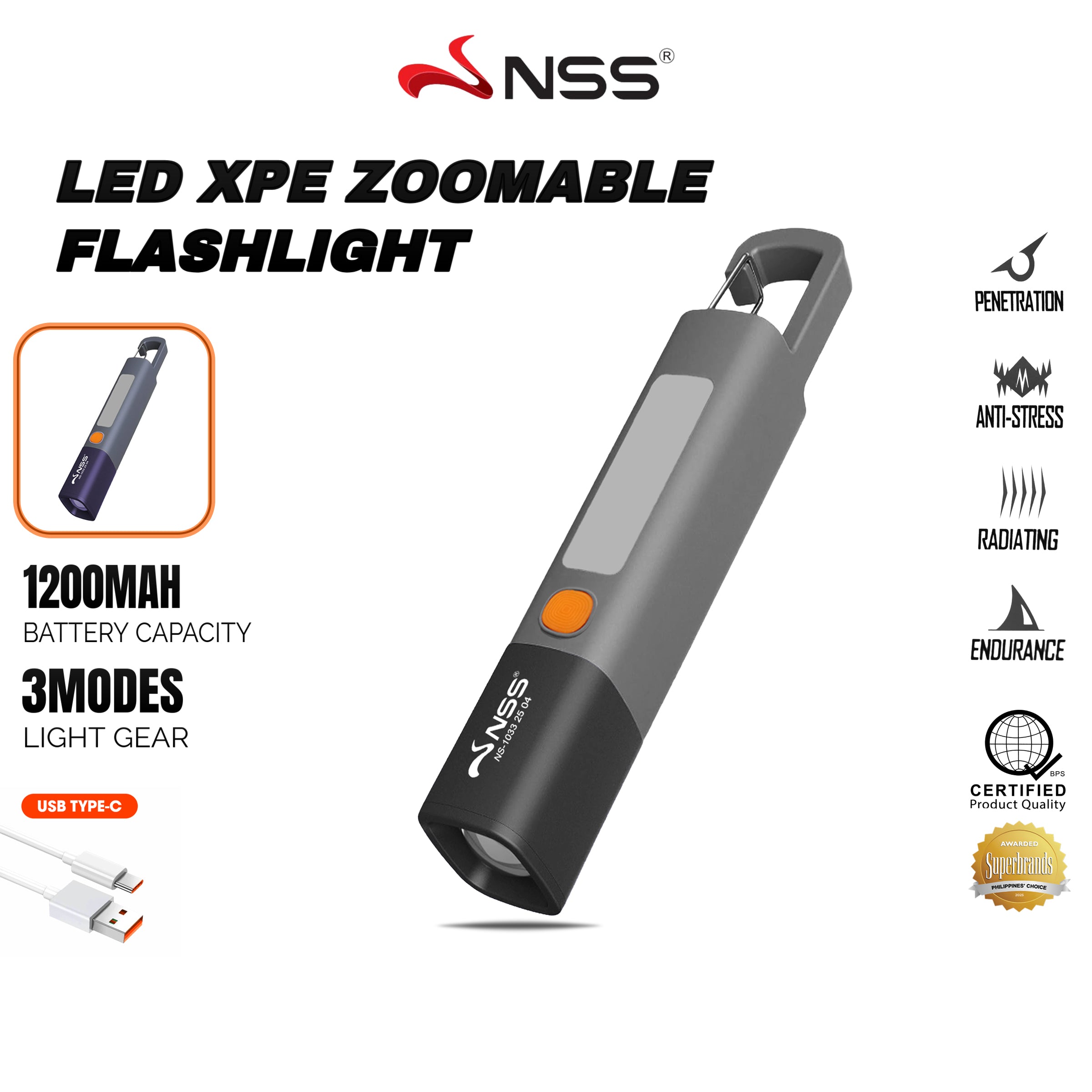 NSS LED XPE Zoomable Flashlight – Rechargeable USB-C Torch with 3 Light Modes & 1200mAh Battery