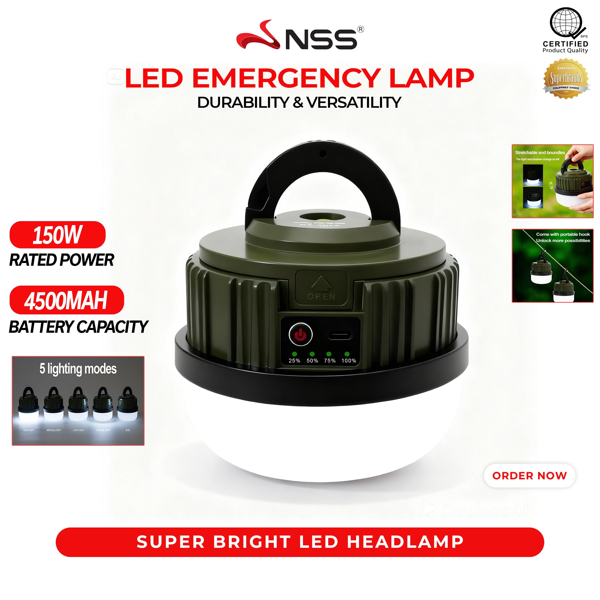 NSS 150W Rechargeable LED Emergency Lamp – Waterproof Camping Lantern with 5 Modes