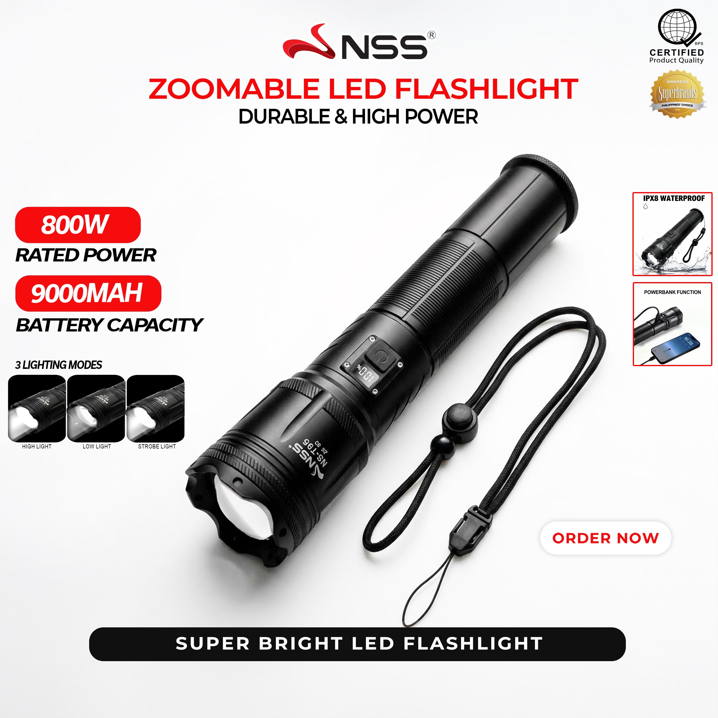 NSS 800W Zoomable 3 Modes Emergency  LED Flashlight