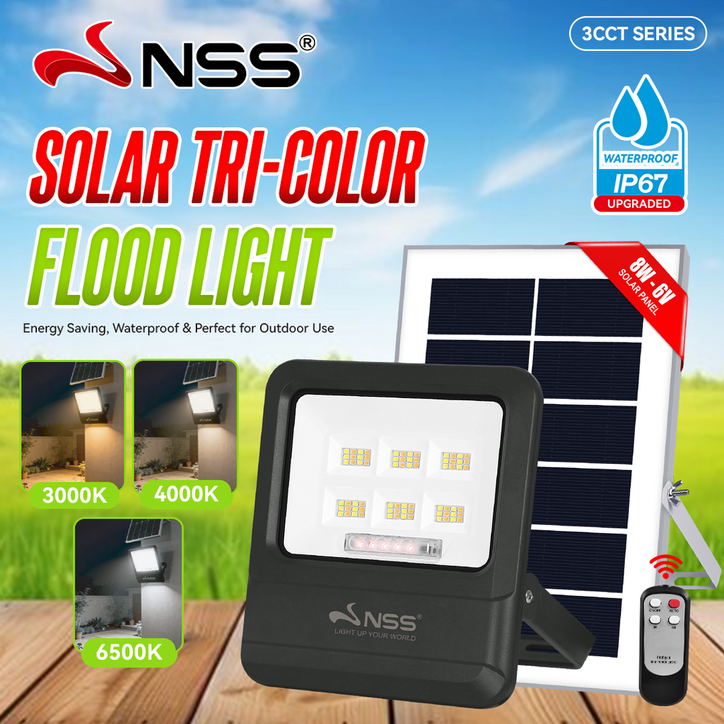 NSS Solar Tri-Color LED Flood Light with Remote Control & IP67 Waterproof Design