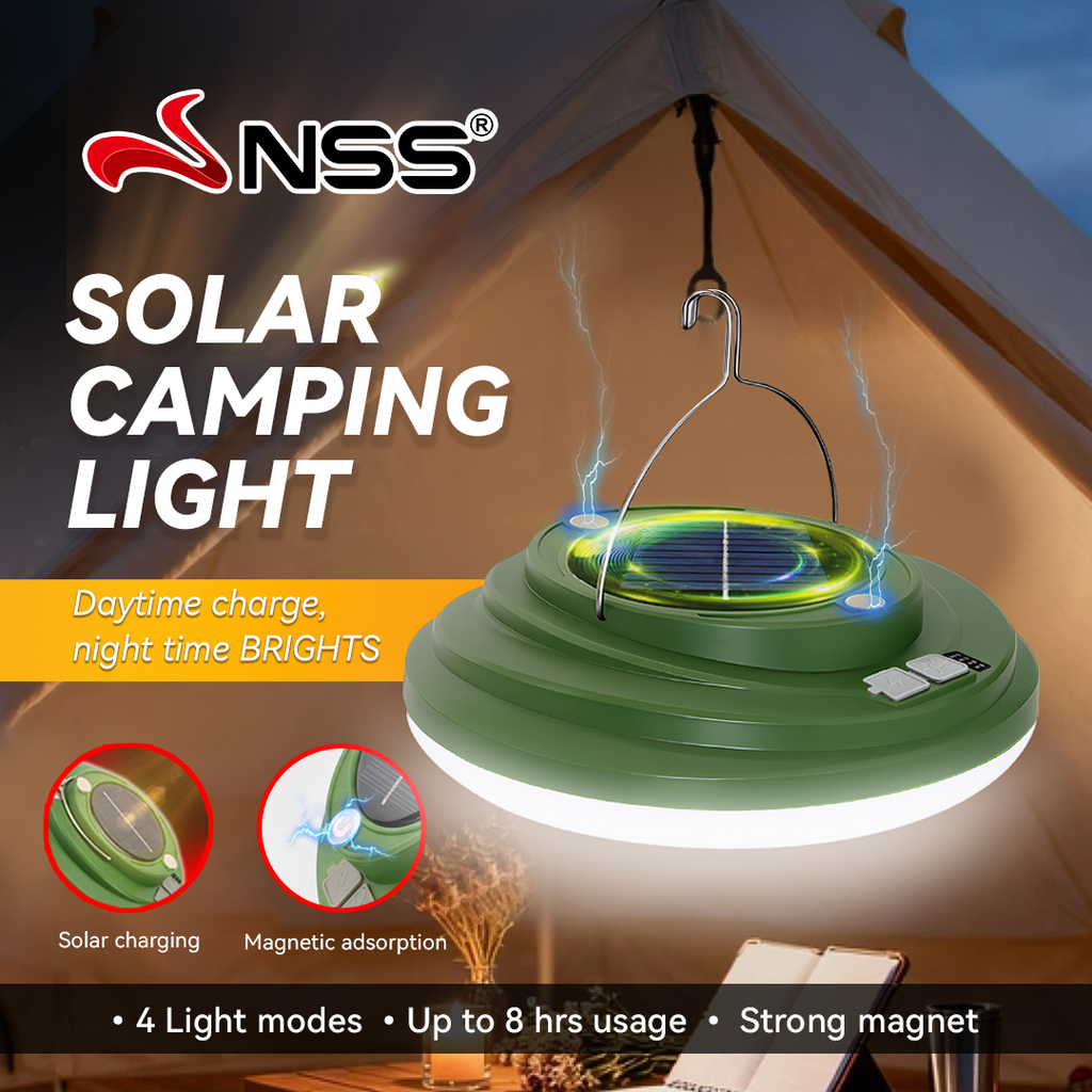 NSS Solar Camping Light – Portable Magnetic LED Tent Lamp with 4 Light Modes & Hanging Hook