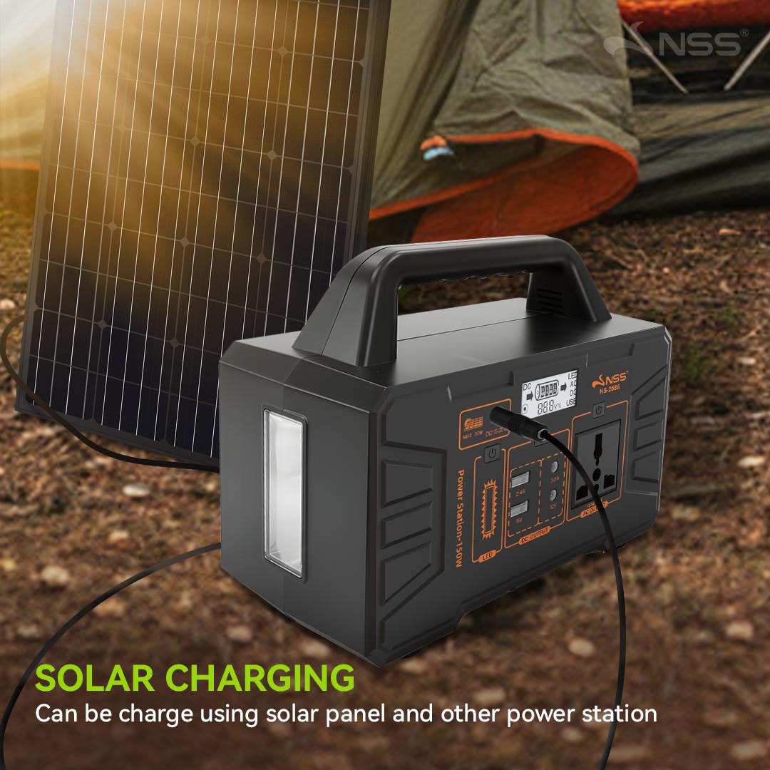 NSS [NEW LAUNCH] 150W Portable Power Station with Solar Panel Kit - Rechargeable Solar Generator, Multi-Function Output Ports, Emergency Battery Backup for Camping, Outdoor, & Home Blackout - NS-2586
