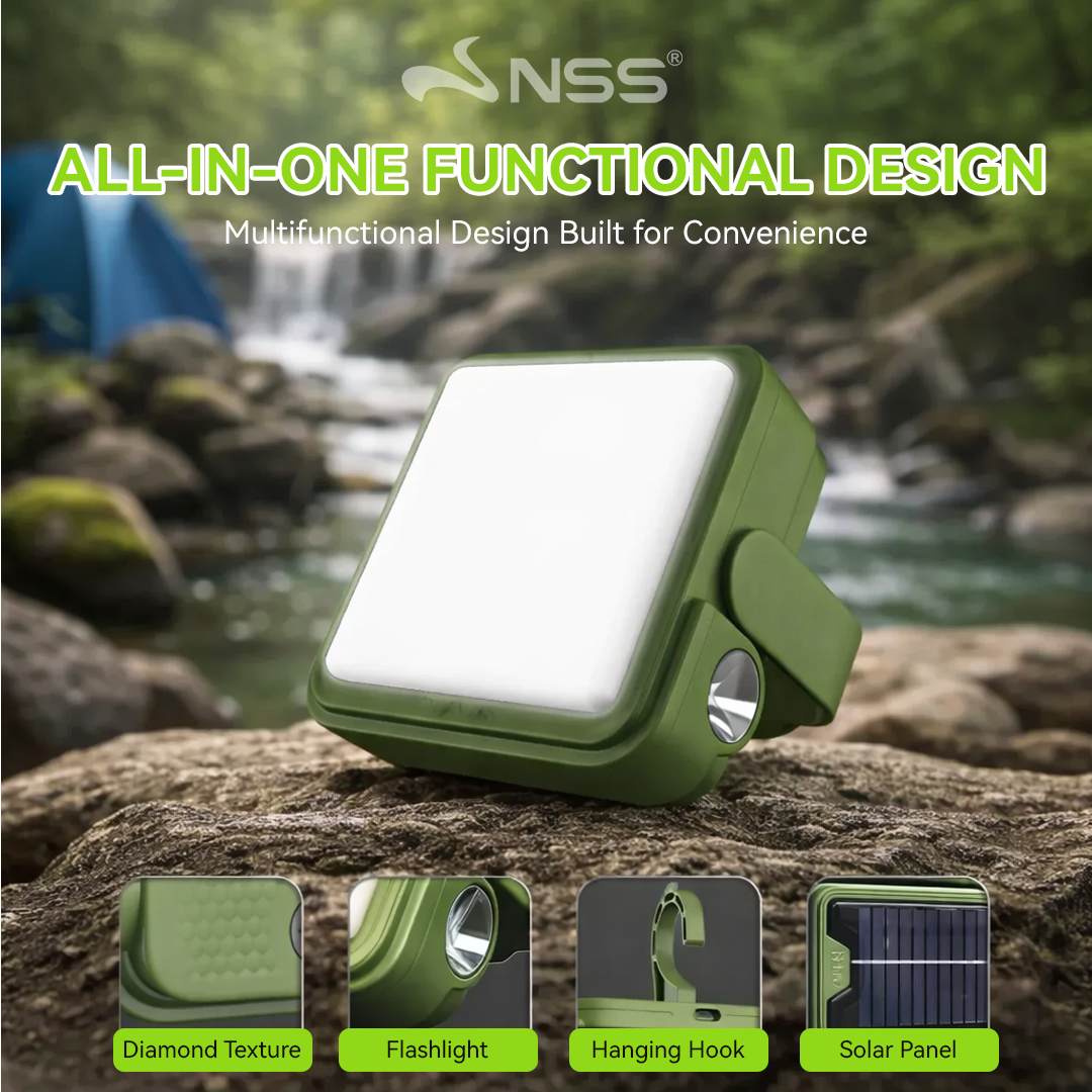 NSS Solar Powered Emergency Light with Power Bank – Portable Camping Lamp with Magnetic Base & Hanging Hook