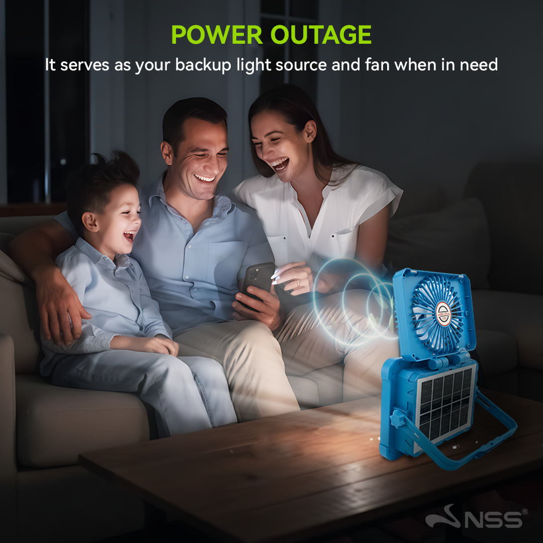 NSS Solar Rechargeable Emergency Fan Light with Powerbank – IP66 Waterproof LED Light