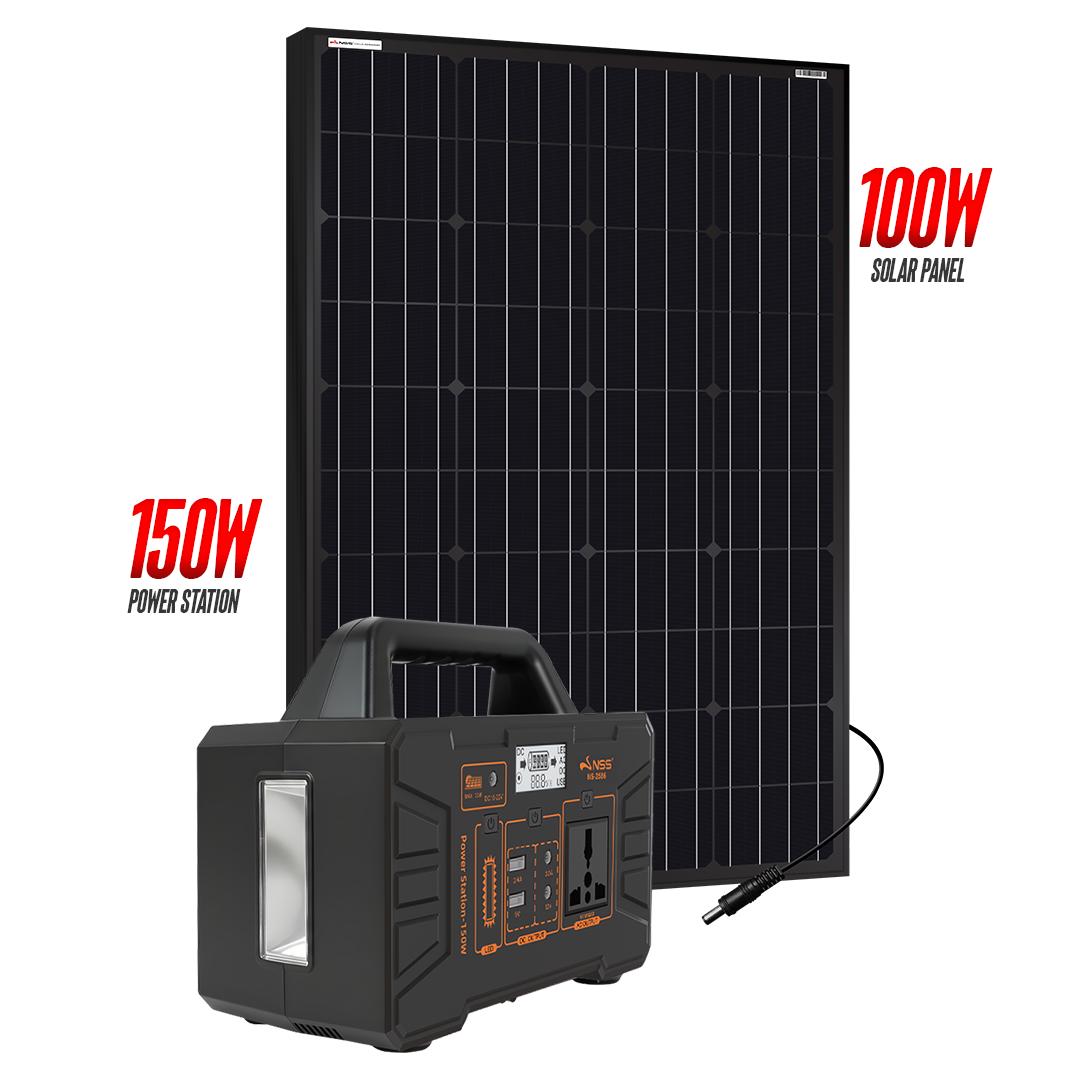 NSS [NEW LAUNCH] 150W Portable Power Station with Solar Panel Kit - Rechargeable Solar Generator, Multi-Function Output Ports, Emergency Battery Backup for Camping, Outdoor, & Home Blackout - NS-2586