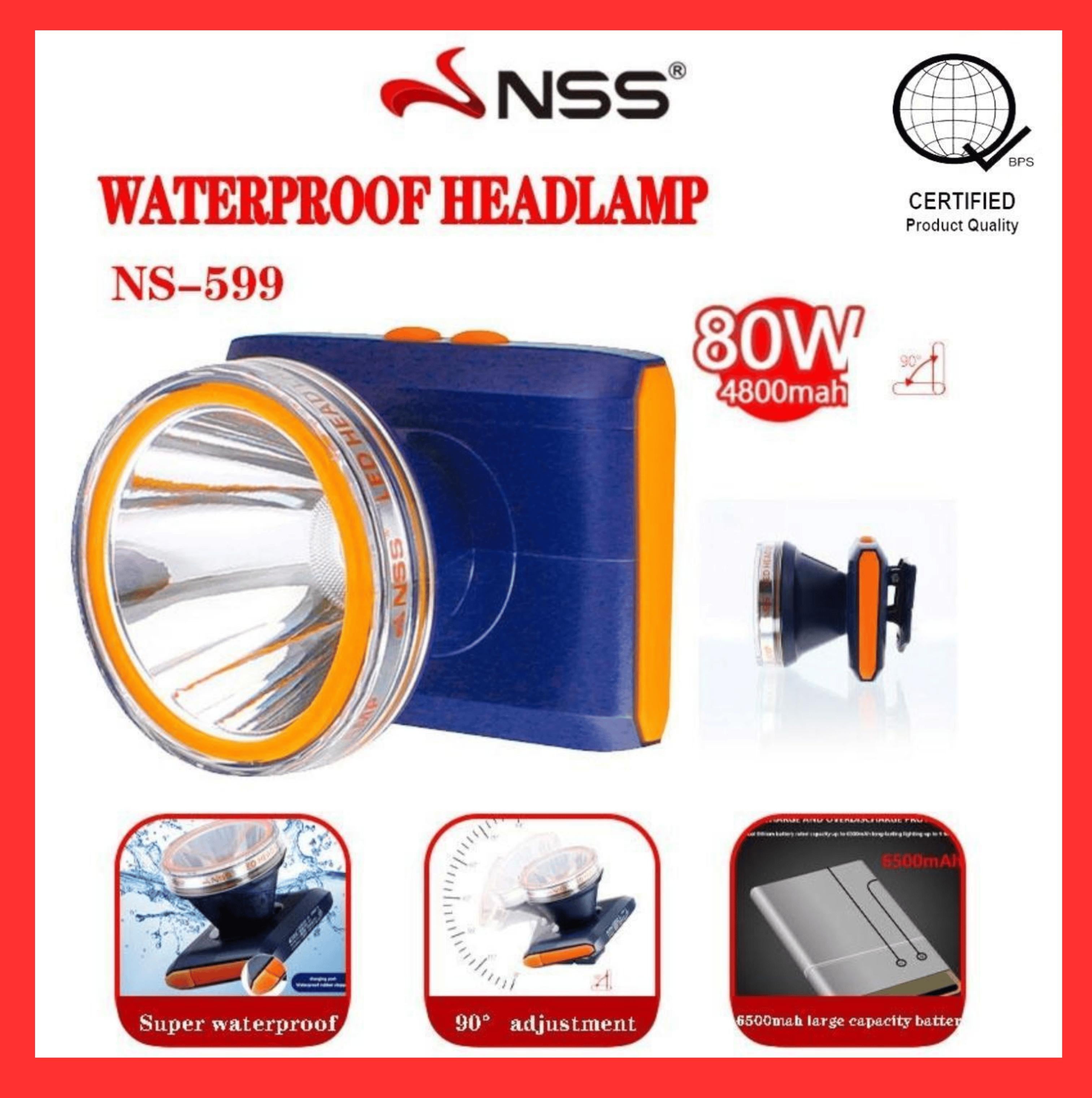 NSS Waterproof Rechargeable Headlamp NS-599 – 80W High Power LED Headlight with 4800mAh Battery & Adjustable Beam