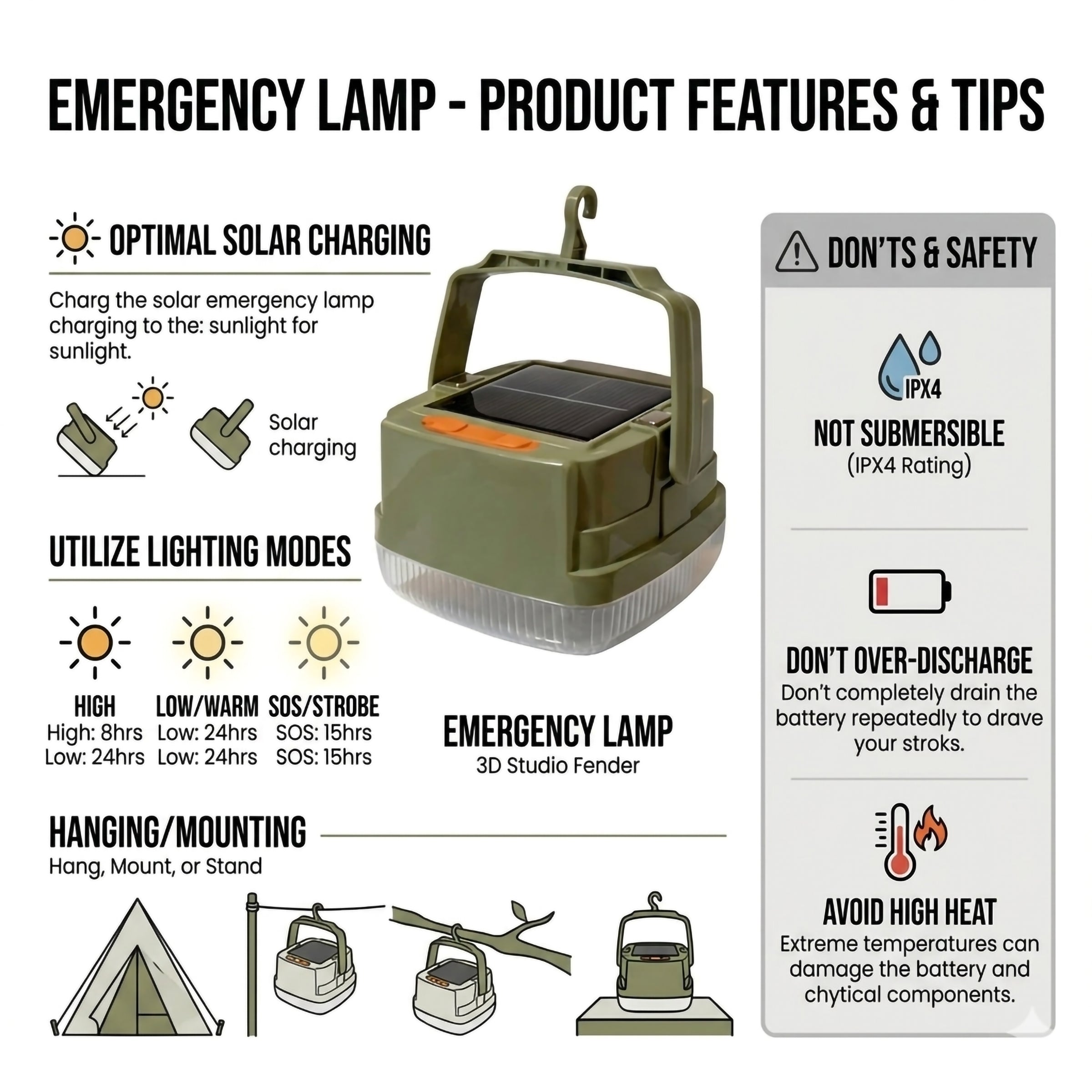 Portable Emergency Lamp Solar Rechargeable USB-C | 3 Lighting Modes | High Bright LED Camping Light | Brownout Ready Backup Light Philippines