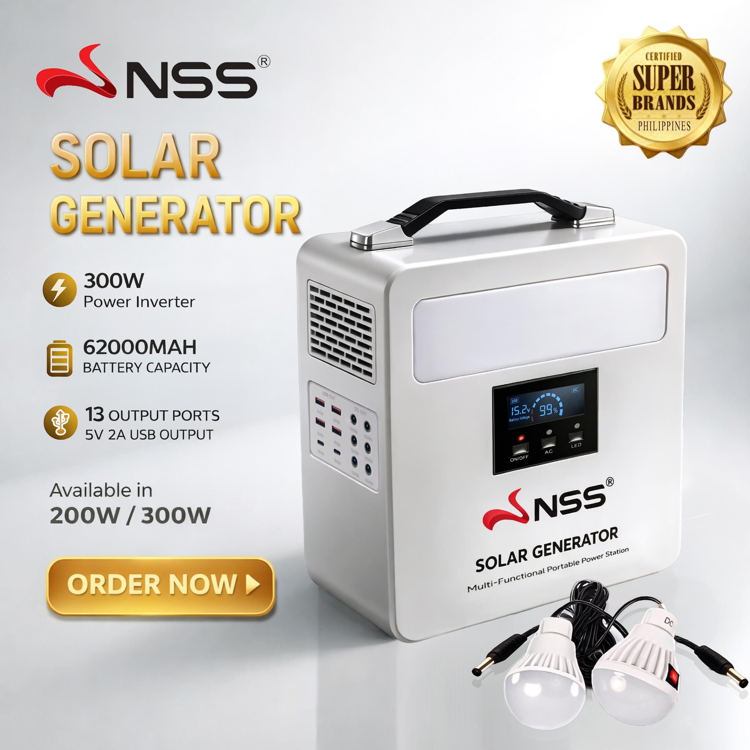 NSS NEW Solar Generator 300W/500W Portable Power Station 15500mAh Lithium Battery Emergency Power Supply with 2 External Bulbs for Camping Home Outage 13 Output Ports 5V 2A USB