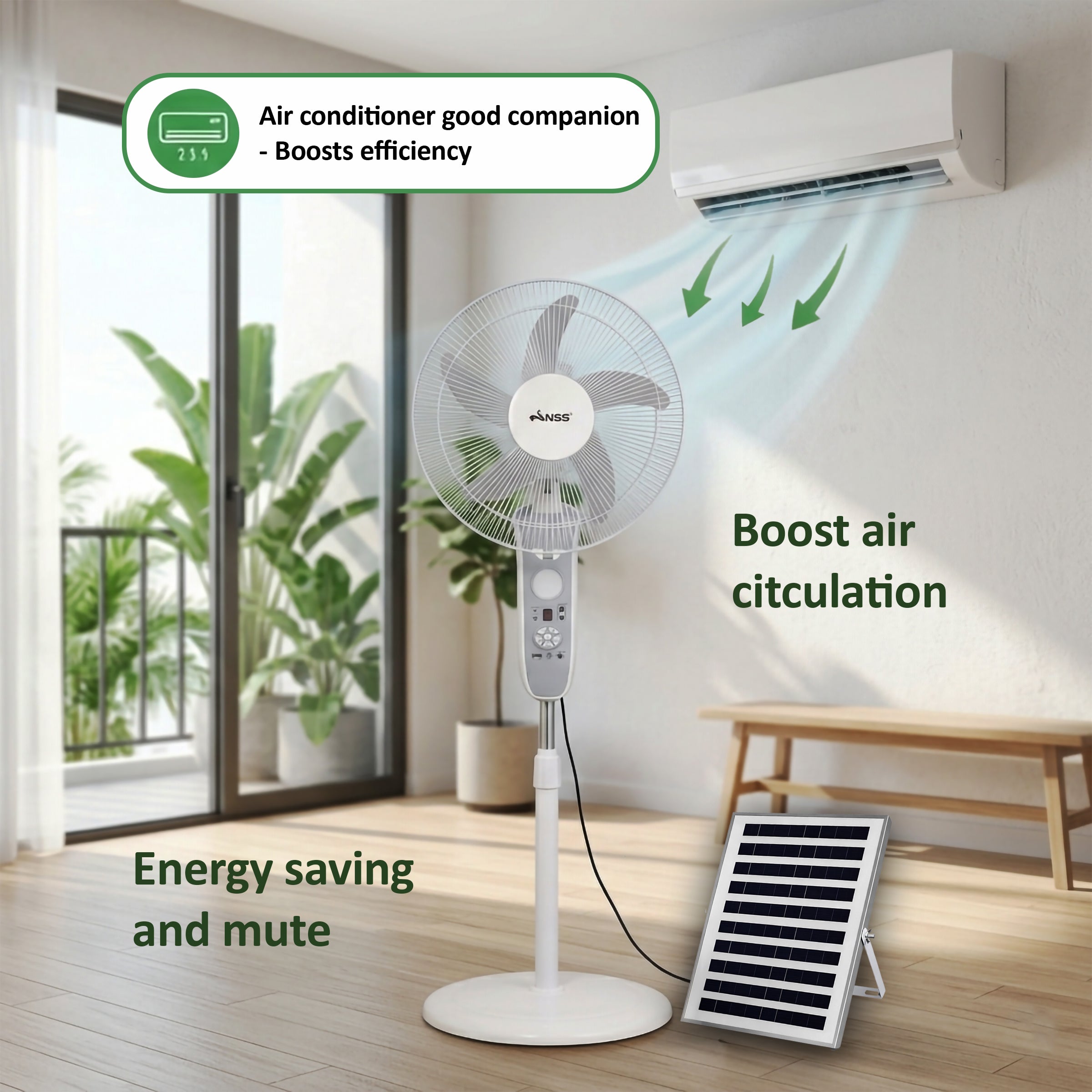 NSS 16" Solar Rechargeable Stand Fan