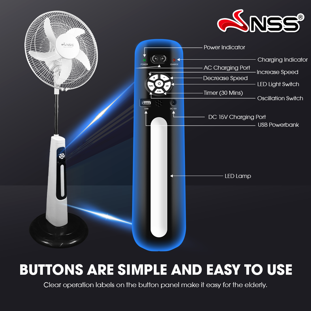 NSS 16" Solar Rechargeable Stand Fan – 10 Speed Modes & Emergency Power Bank