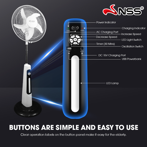 NSS 16" Solar Rechargeable Stand Fan – 10 Speed Modes & Emergency Power Bank