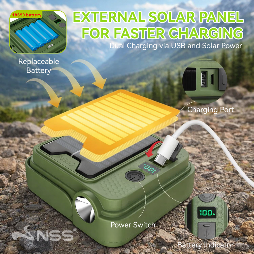 NSS Solar Powered Emergency Light with Power Bank – Portable Camping Lamp with Magnetic Base & Hanging Hook