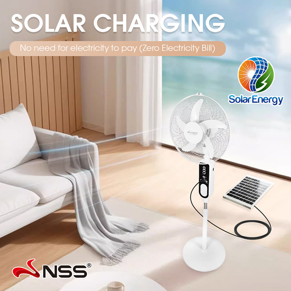 NSS Portable Solar Desk Fan with Power Bank & LED Light – Rechargeable Emergency Fan