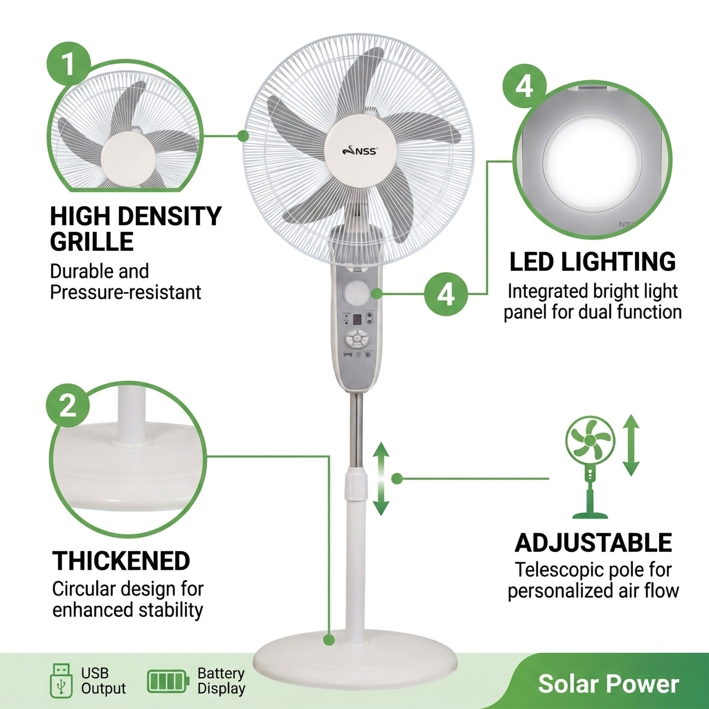 NSS 16" Solar Rechargeable Stand Fan