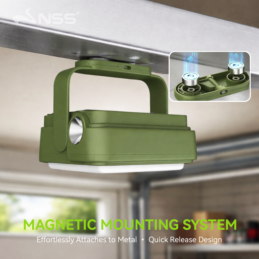 NSS Solar Powered Emergency Light with Power Bank – Portable Camping Lamp with Magnetic Base & Hanging Hook