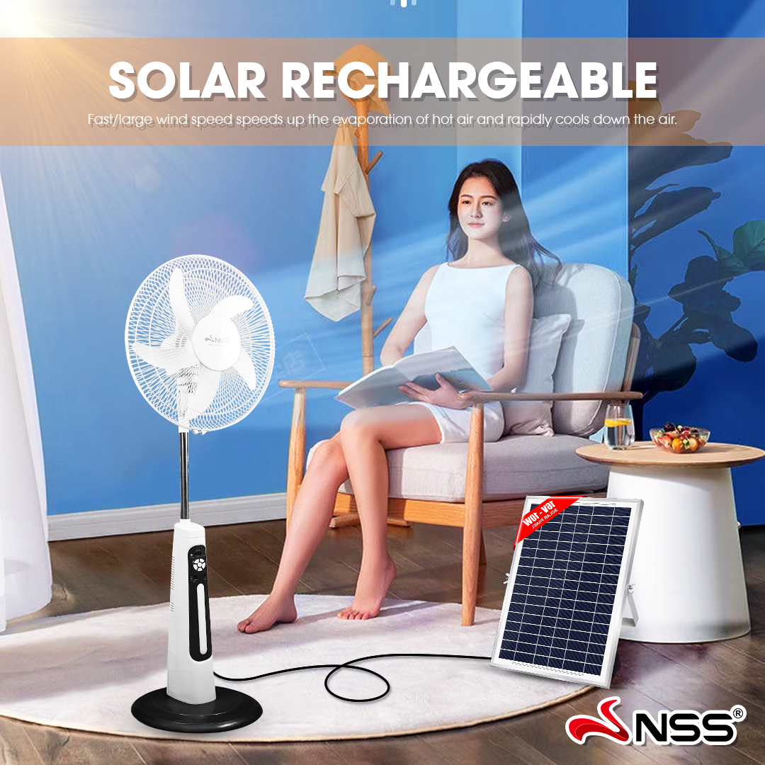 NSS 16" Solar Rechargeable Stand Fan – 10 Speed Modes & Emergency Power Bank