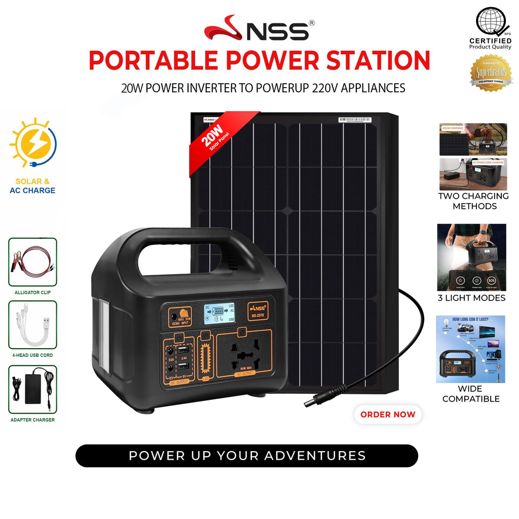 NSS Portable Power Station with 20W Solar Panel – Compact Generator for Camping, Emergency Backup & 220V Devices