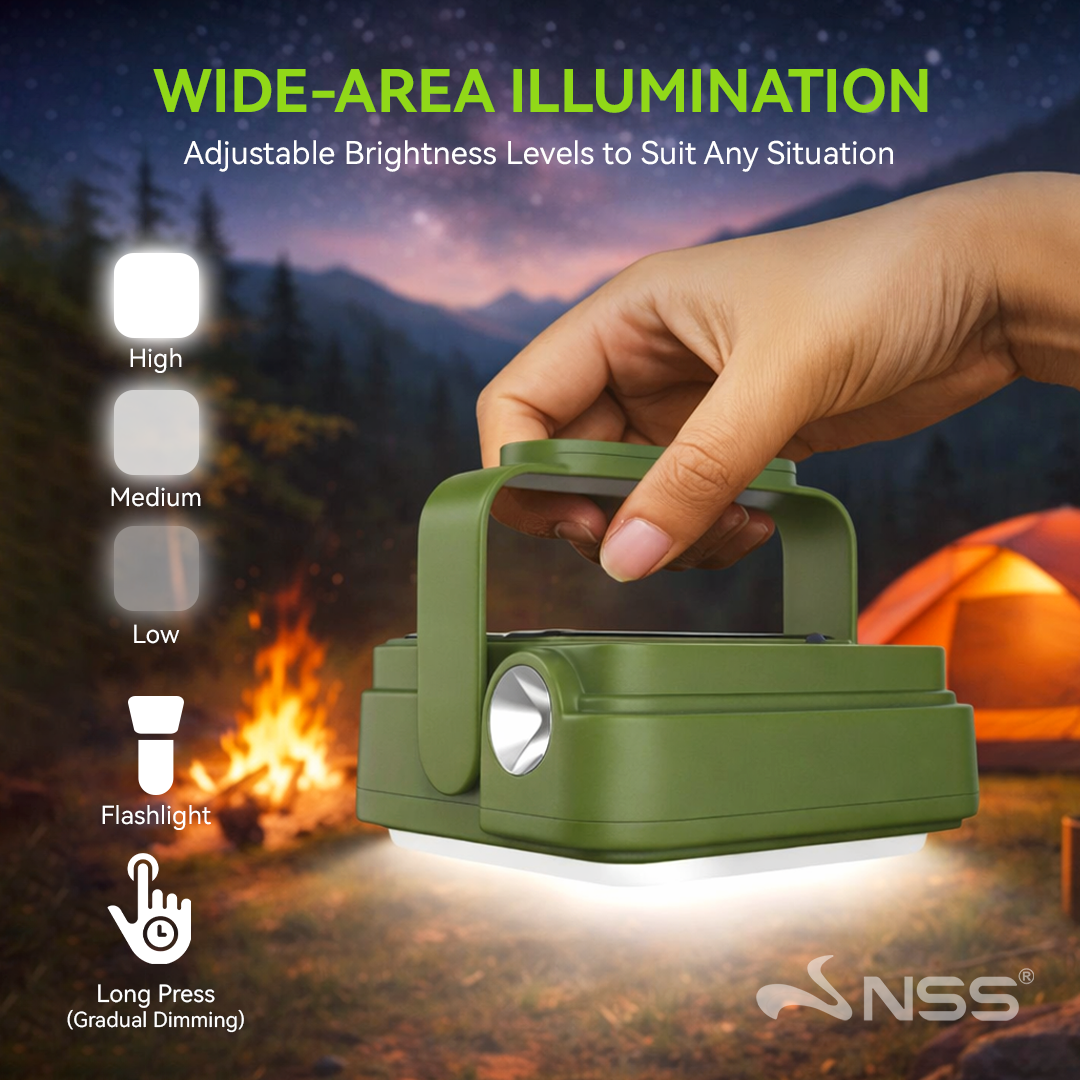 NSS Solar Powered Emergency Light with Power Bank – Portable Camping Lamp with Magnetic Base & Hanging Hook