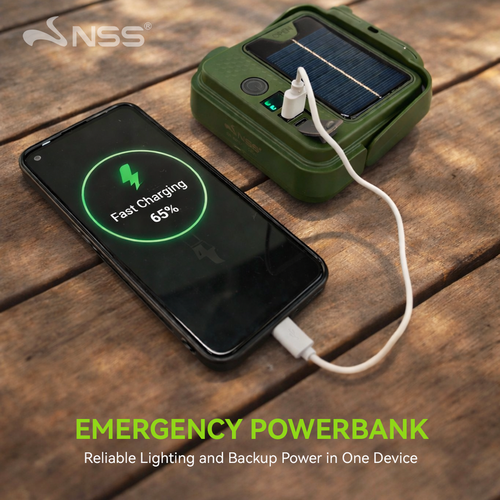 NSS Solar Powered Emergency Light with Power Bank – Portable Camping Lamp with Magnetic Base & Hanging Hook