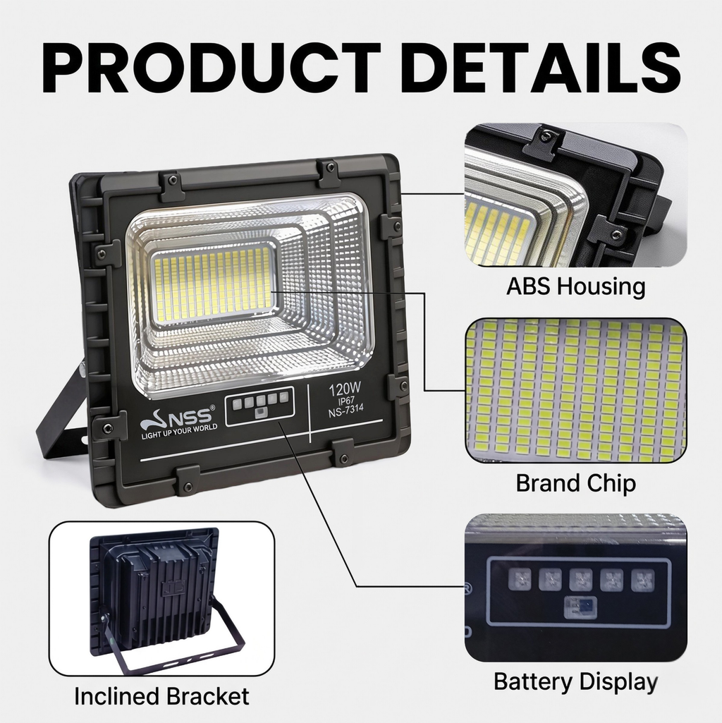 NSS 120W Solar Flood Light – IP67 Waterproof LED Security Light with Remote Control