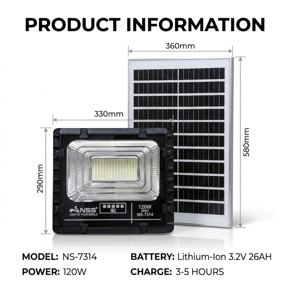 NSS 120W Solar Flood Light – IP67 Waterproof LED Security Light with Remote Control